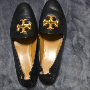 Tory Burch Eleanor Logo Goat Leather Flat  Loafers Shoes Perfect Black